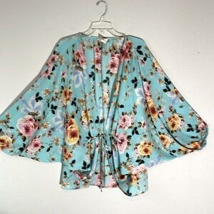 HUMMINGBIRD Women’s Floral Kimono Top Cinch Self Tie Belt Oversized Aqua Sz S